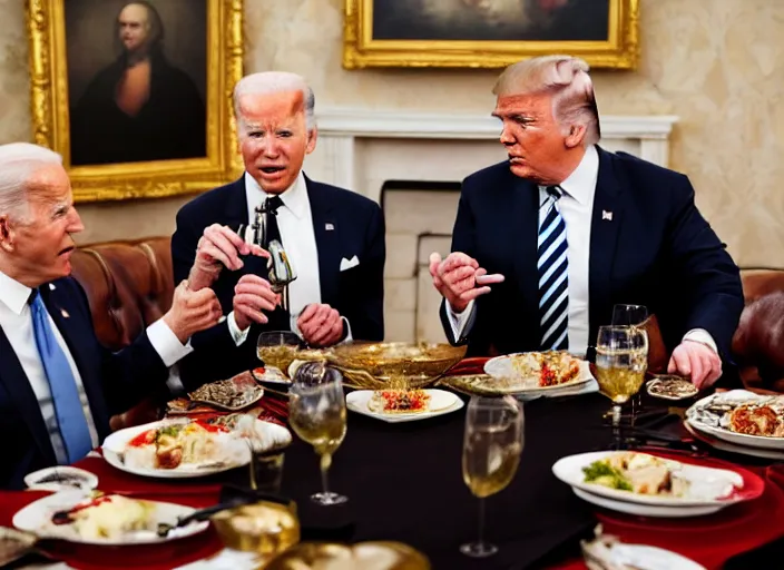 Image similar to Trump and Biden having dinner at a fancy Greek restaurant, award winning cinematic photography, 50 mm, blurred background, trending on twitter