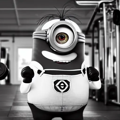 Image similar to black & white epic!!! photograph of a minion from “ despicable me ” in the gym lifting a dumbbell with one hand, very angry!!!!!! face, motivational poster, gym in background, highly detailed, cinematic lighting, photo, award - winning photograph, professional photograph, dramatic posing, 8 k quality, dramatic rim lighting, high quality