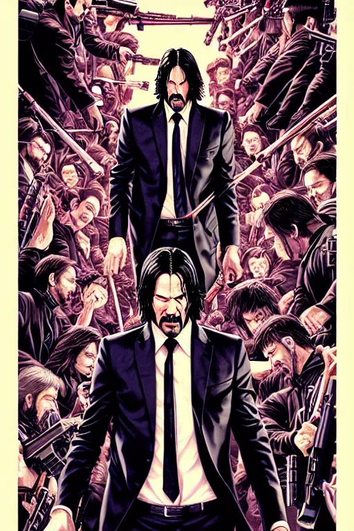 Image similar to poster of john wick, by yoichi hatakenaka, masamune shirow, josan gonzales and dan mumford, ayami kojima, takato yamamoto, barclay shaw, karol bak, yukito kishiro, highly detailed