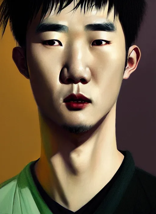 Image similar to portrait of a korean man with a crooked nose and a confident expression, 1 9 6 0 s, black clothes, goth, punk, brightly coloured hair, funk, intricate, elegant, highly detailed, digital painting, artstation, concept art, smooth, sharp focus, illustration, art by wlop, mars ravelo and greg rutkowski