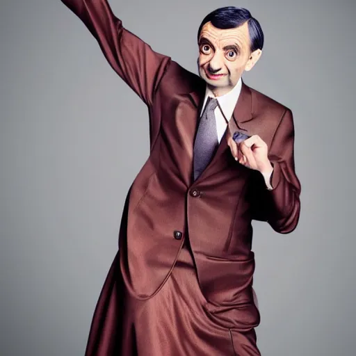 Image similar to mr bean modeling in a dress for vogue magazine, photography, hyper realism, 8k,