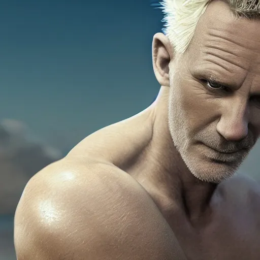 Image similar to very beautiful pastel art of Sting from The Police, full body, spiky blonde hair, blue eyes, full round face, handsome jaw, hairy arms, serene beach setting, cinematic lightning, arms facing the viewer, medium shot, mid-shot, highly detailed, trending on artstation, Unreal Engine 4k, cinematic wallpaper by Stanley Artgerm Lau, WLOP, Rossdraws, James Jean, Andrei Riabovitchev, Marc Simonetti, and Sakimichan-C 9.0