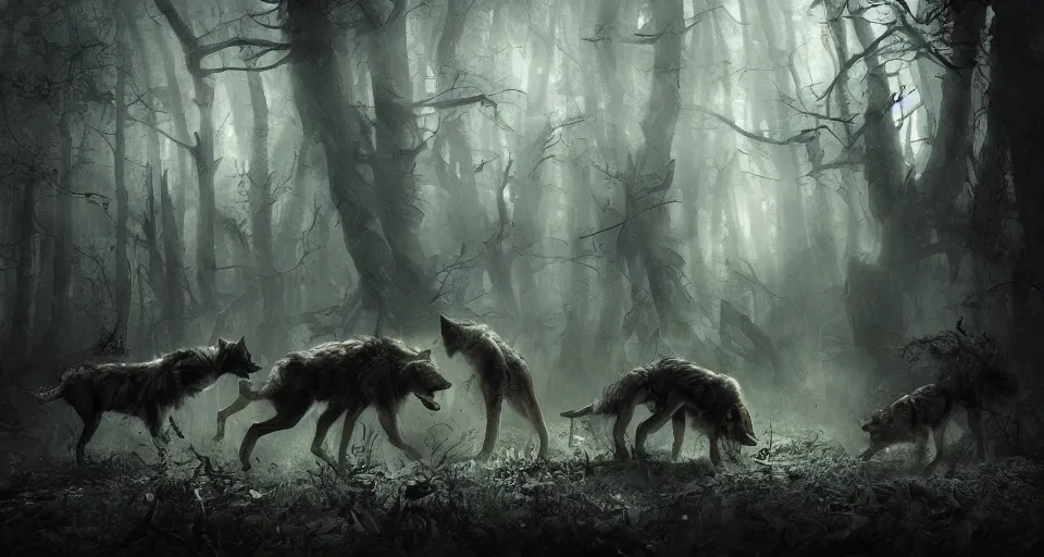 Image similar to an epic action concept masterpiece of a rabid wolfpack, in a forest made of nightmares, horrific digital art, extremely moody lighting, style of johannes voss