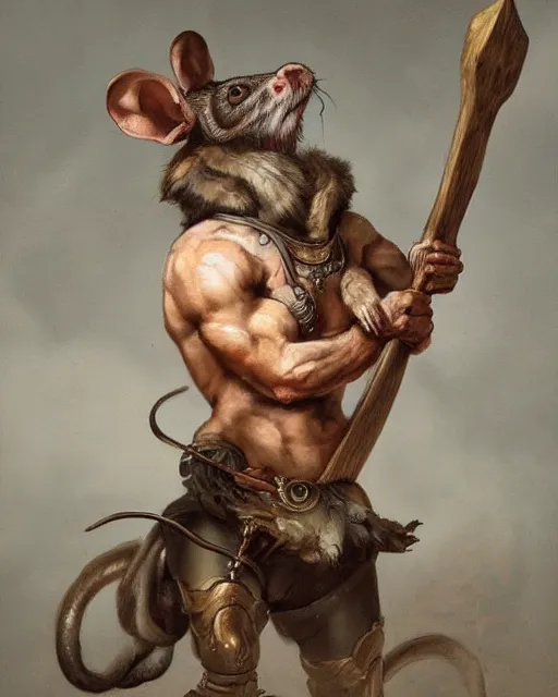 Image similar to baroque portrait of a male were-rat with the head of a rat. he is very muscular. he is wielding an axe. 4K trending on artstation by peter mohrbacher