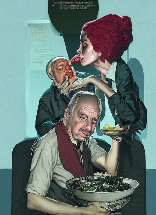 Prompt: poster artwork by Michael Whelan and Tomer Hanuka, Karol Bak of portrait of Alfred Hitchcock squatting hunched over, feeding on Janet Leigh, from scene from Twin Peaks, clean
