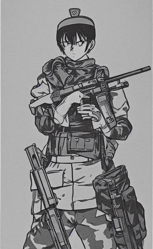 Prompt: manga, monochromatic, toriyama akira, portrait of soldier girl shooting with a rifle