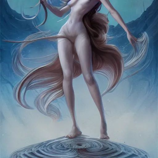 Prompt: long shot, full body portrait of a beautiful goddess, magical, pale skin, blue eyes, long black hair, in the middle of New York, by pete mohrbacher and greg rutkowski