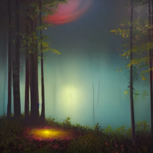 Image similar to lake, forest, night, fog, trees, glowing fireflies, moonshine, volumetric lighting, canvas, oil paint