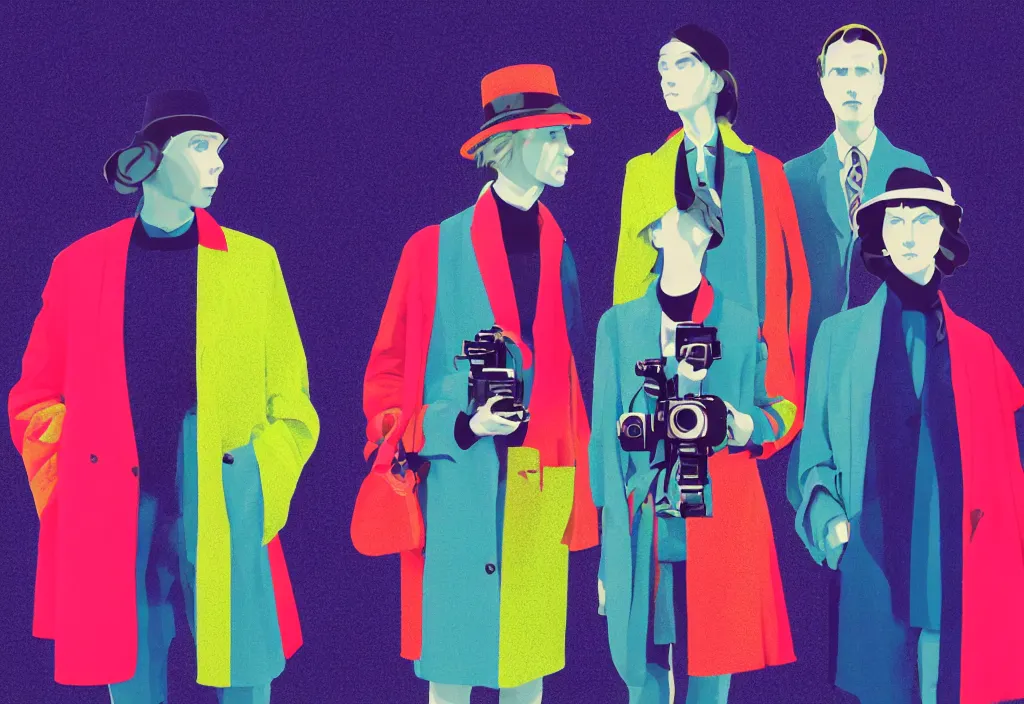 Prompt: full body portrait of a trio of young fashionable european tourists long pattern coat travel apparel, with nikon cameras, various poses shooting photos, character designs painting, in the style of wes anderson, rene magritte, lola dupre, david hockney, isolated on white background, dark monochrome neon spraypaint accents volumetric octane render