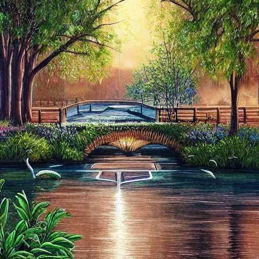 Image similar to Cosy water in city of the future in harmony with nature. Nice colour scheme, soft warm colour. Beautiful detailed painting by Lurid. (2022)