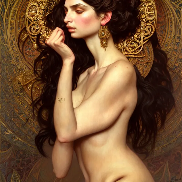 Image similar to ancient queen emily ratajkowski, diffuse lighting, fantasy, intricate, elegant, highly detailed, lifelike, photorealistic, digital painting, artstation, illustration, concept art, smooth, sharp focus, art by john collier and albert aublet and krenz cushart and artem demura and alphonse mucha