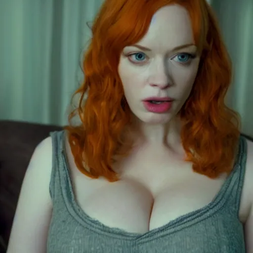 Image similar to amazing beautiful Christina Hendricks with mouth wide open in the living room, film still from the movie directed by Denis Villeneuve , wide lens