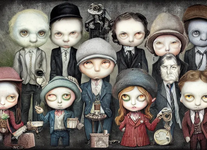 Image similar to picky blinders crew but they're all shrimps, lowbrow, matte painting, 3 - d highly detailed, in the style of mark ryden,