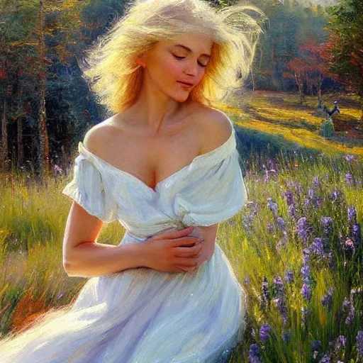 Image similar to blonde woman watching over the swedish countryside, archipelago, masterpiece, highly detailed, beautiful, atmospheric, impressionism, painting by Vladimir Volegov