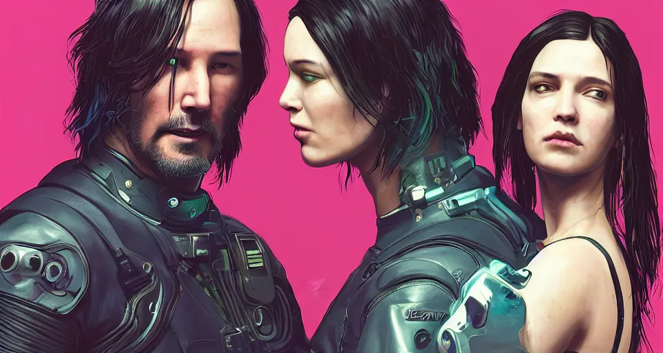 Image similar to a cyberpunk 2077 srcreenshot couple portrait of a Keanu Reeves and a female android in final kiss,love,film lighting,by Laurie Greasley,Lawrence Alma-Tadema,Dan Mumford,John Wick,Speed,Replicas,artstation,deviantart,FAN ART,full of color,Digital painting,face enhance,highly detailed,8K,octane,golden ratio,cinematic lighting