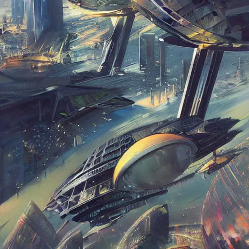 Image similar to gorgeous sci fi imagery | landing spot | space and city flying craft | futuristic | beautiful couple in the foreground heading to their hovering transport | futurism | modern couple | futuristic cityscape in the background | low angle close up | by john berkey, greg rutkowski, james gurney