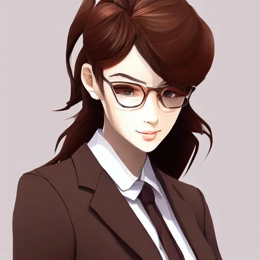 Image similar to woman in business suit, brown neat hair, animesque, pixiv, fanbox, trending on artstation, portrait, modern, sleek, highly detailed, formal, serious, determined, competent, colorized, smooth, charming, pretty, safe for work, law office