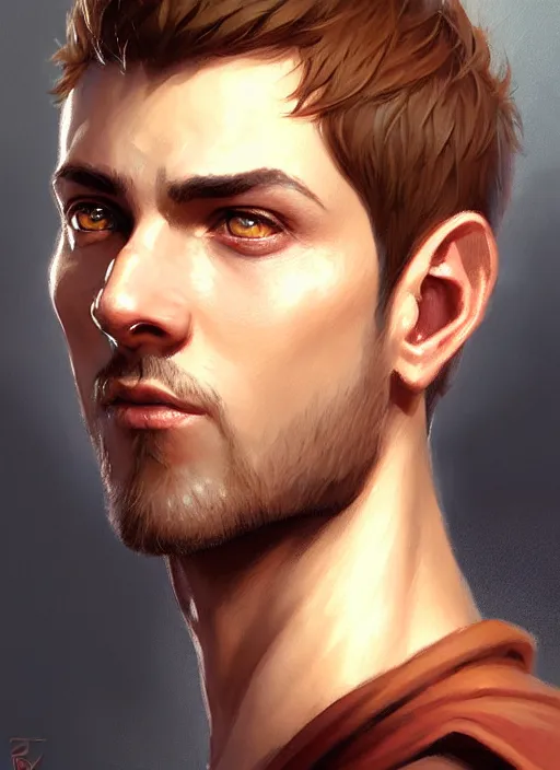 Image similar to a _ fantasy _ style _ portrait _ painting _ of light brown male short hair defined face big ears, rpg dnd oil _ painting _ unreal _ 5 _ daz. _ rpg _ portrait _ extremely _ detailed _ artgerm _ greg _ rutkowski _ greg