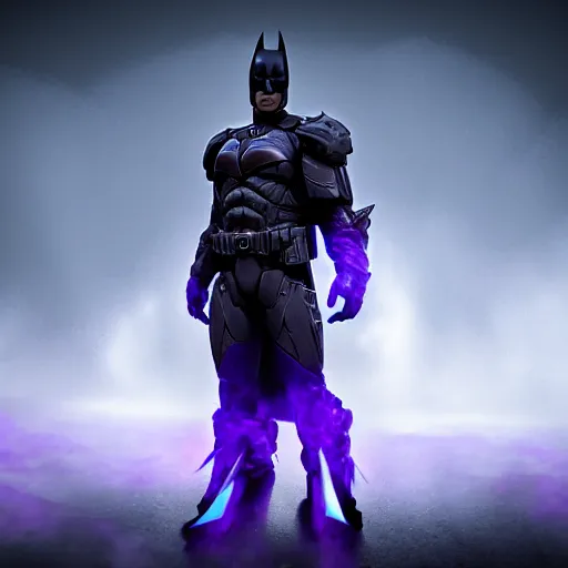 Image similar to character design, dark knight, purple lightning, purple mist, scary, photorealistic, unreal engine, ominous background-H 768