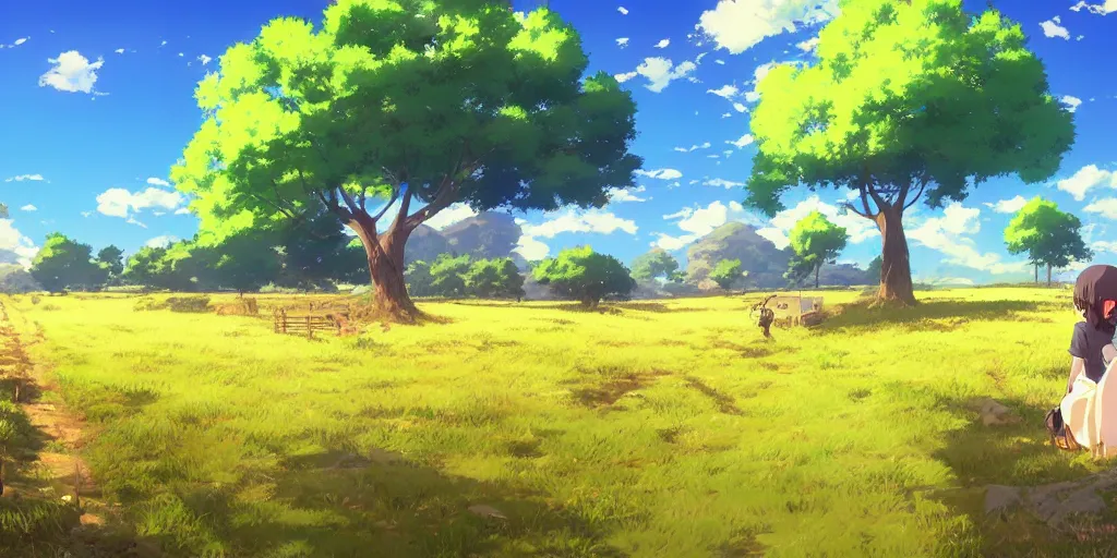 Image similar to Sunny farm with blue skies and wilderness, bright colors and high picture quality, by Makoto Shinkai