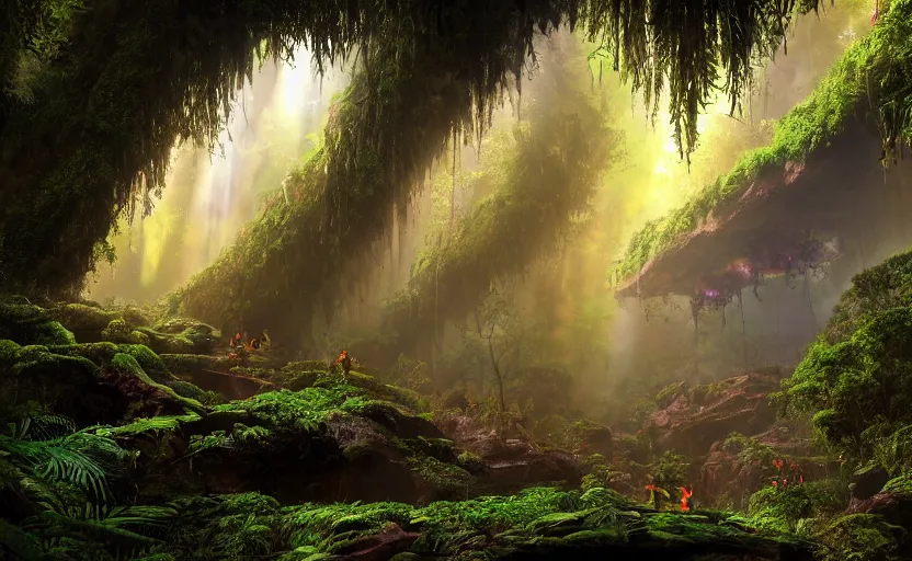 Image similar to a beautiful render of a dark prehistoric rainforest in a humongous cave, lush flora, patches of yellowish - red - magenta sky, sunset lighting, fireflies, floating mountains and a waterfall in the background, intricate detail, hazy, humid, volumetric lighting, god rays, 8 k, photorealistic, raytracing effects, unreal engine 5