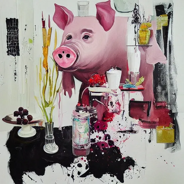 Image similar to “ a portrait in a female art student ’ s apartment, sensual, a pig theme, art supplies, paint tubes, ikebana, herbs, a candle dripping white wax, black walls, squashed berries, berry juice drips, acrylic and spray paint and oilstick on canvas, surrealism, neoexpressionism ”