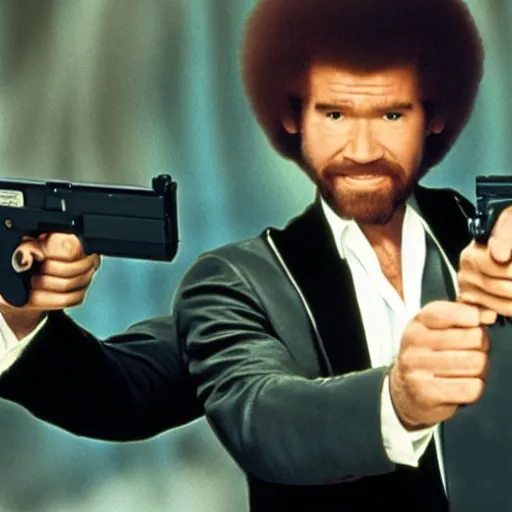 Image similar to Bob Ross as 007, promotional image, action movie, holding dual high-caliber pistols