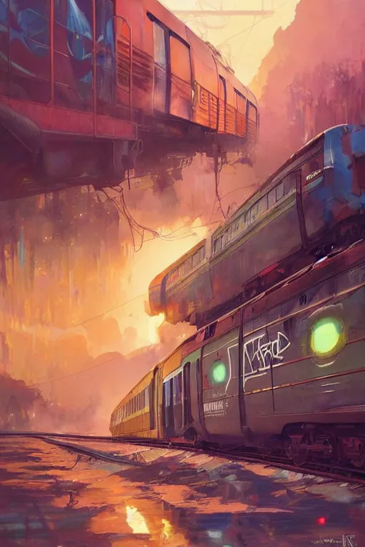 Image similar to trains covered colorful graffiti with paint drip, greg rutkowski, and moebius and loish and artgerm, painterly, illustration, sunset lighting, beautiful artist rendering, gorgeous