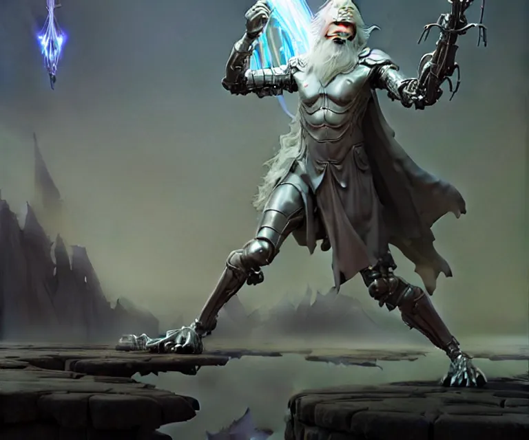 Image similar to beautiful fantasy character portrait, gandalf the grey, seductive reclining pose, futuristic chrome drones, ultra realistic, dramatic lighting, robots, the fifth element artifacts, highly detailed by peter mohrbacher, hajime sorayama, wayne barlowe, boris vallejo, aaron horkey, gaston bussiere, craig mullins