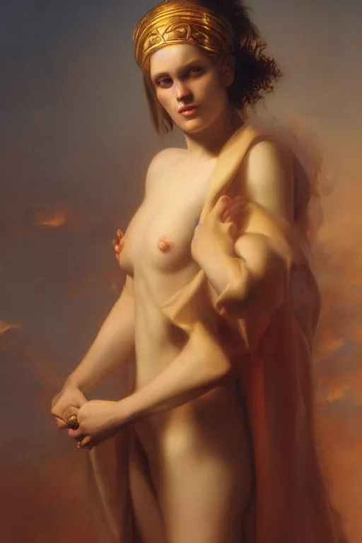 Prompt: portrait of the goddess astarte by roberto ferri, realistic oil painting, clothed by the sun