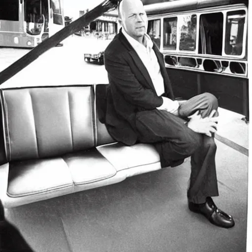 Image similar to bruce willis learning to fly in the back of a bus, realistic photograph, vintage