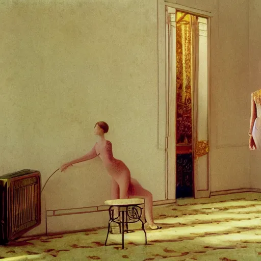 Image similar to a young ivory and golden filigree girl in an soviet liminal abandoned room, film still by wes anderson, depicted by balthus, limited color palette, very intricate, art nouveau, highly detailed, lights by hopper, soft pastel colors