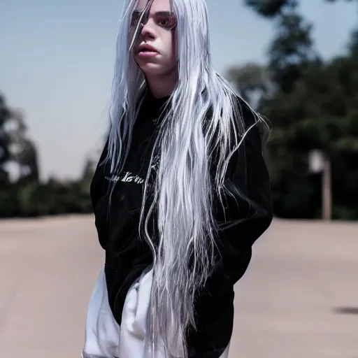 Image similar to Adult Billie Eilish modeling, Canon EOS R3, f/1.4, ISO 200, 1/160s, 8K, RAW, unedited, symmetrical balance, in-frame