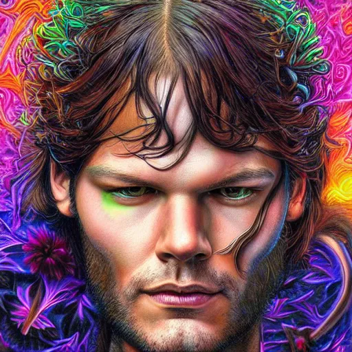 Image similar to portrait of jared padalecki, hyper detailed masterpiece, neon floral pattern, jean giraud, digital art painting, darkwave goth aesthetic, psychedelic, artgerm, donato giancola and tom bagshaw