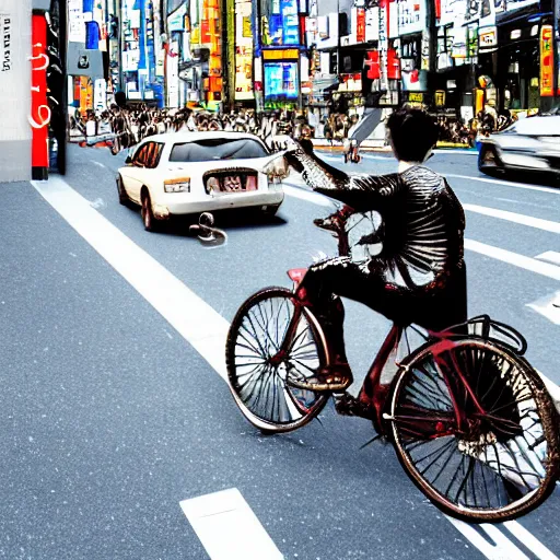 Image similar to a digital painting of a real dragon is riding a bike in the streets of Tokyo