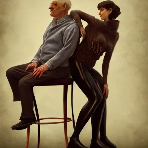 Image similar to a beautiful ultradetailed fine art old vintage couples portrait photo of cyborgs sitting on a chair and standing, by tom bagshaw and zach sutton, couples portrait, vignette, 3 5 mm lens, golden ratio composition, studio photography, very detailed, humanoids, artstation, 8 k, highly coherent