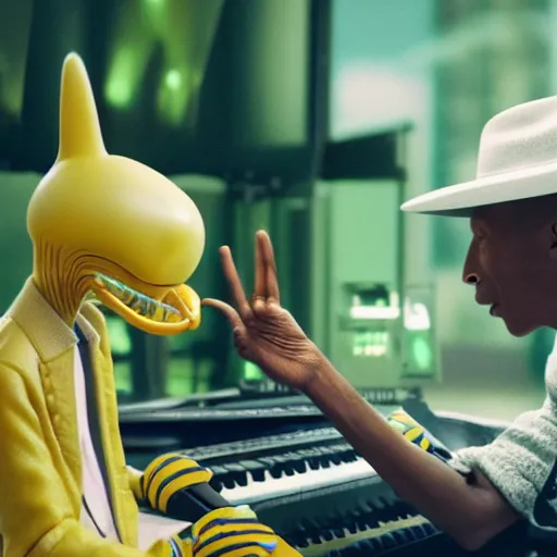 Image similar to cinematic film still of Pharrell Williams Making A Beat with an anthropomorphic alien, Japanese VFX, 2018, 400mm lens, f1.8, shallow depth of field,film photography