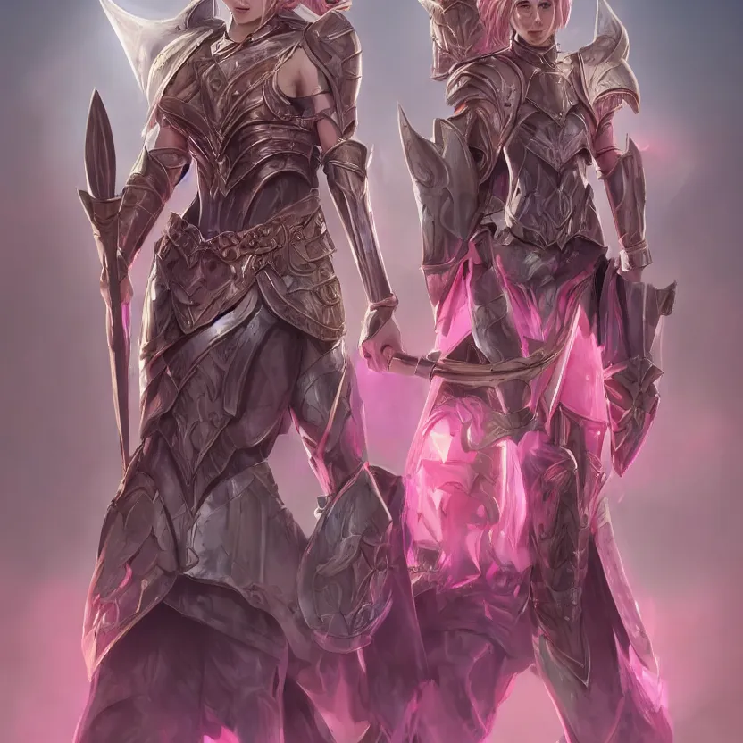 Image similar to beautiful well built pink short haired half elf woman healer wearing cleric armor and holding a shield, dungeons and dragons, character portrait, character design, full rendered illustration, 4 k, 8 k, hyper detailed, back lighting, cinematic lighting, intrinsic detail