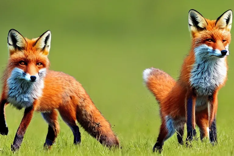 Prompt: Foxes playing in a meadow, rambunctious fox kits, professional animal photography, highly detailed, 8k