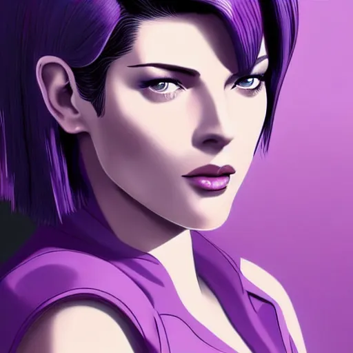 Prompt: A combination of Grace Kelly's and Katheryn Winnick's and Ashley Greene's faces with short violet hair as Motoko Kusanagi from Ghost in The Shell, cyberpunk style, synthwave aesthetic, fantasy, intricate, elegant, highly detailed, digital painting, artstation, concept art, matte, sharp focus, illustration, half body portrait, art by Artgerm and Greg Rutkowski and Alphonse Mucha