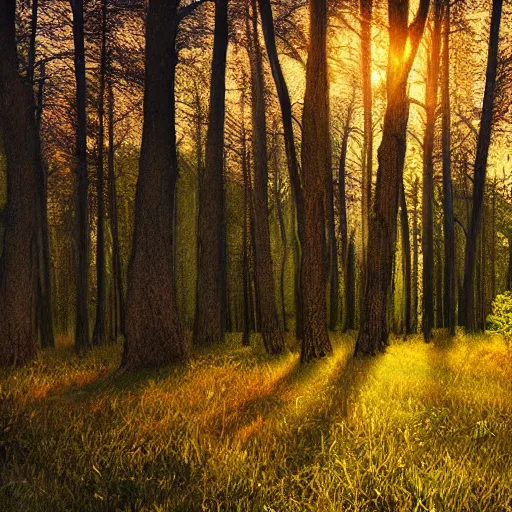 Prompt: photorealistic photo of a forest at sunset, highly detailed