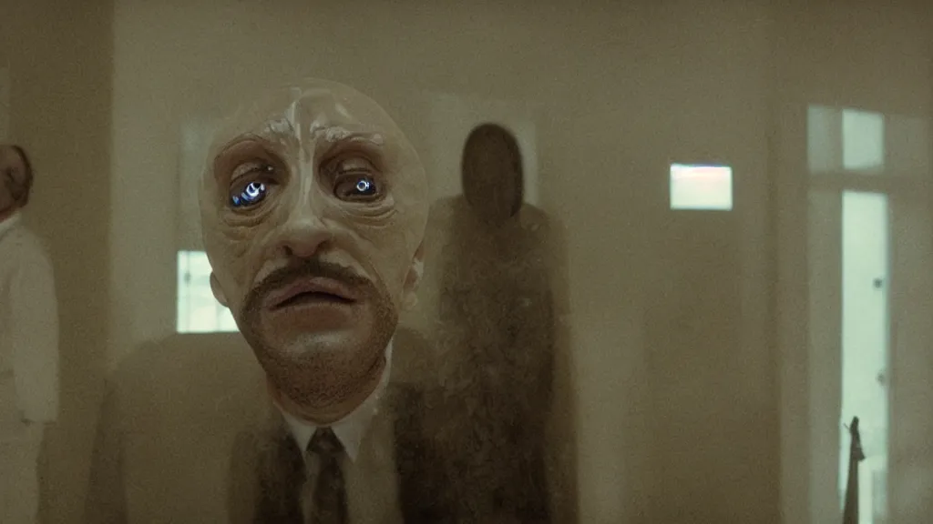 Prompt: the strange creature at the bank that took my money, made of water and oil, film still from the movie directed by Denis Villeneuve with art direction by Salvador Dalí, wide lens