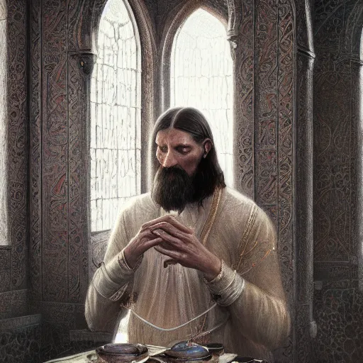 Prompt: portrait grigori rasputin praying in the mosque, wlop, james jean, tom bagshaw, rococo, trending on artstation, fantasy, intricate, elegant, highly detailed, digital painting, concept art, smooth, illustration, cinematic lighting, hyper realism, octane render, 8 k, hyper detailed.