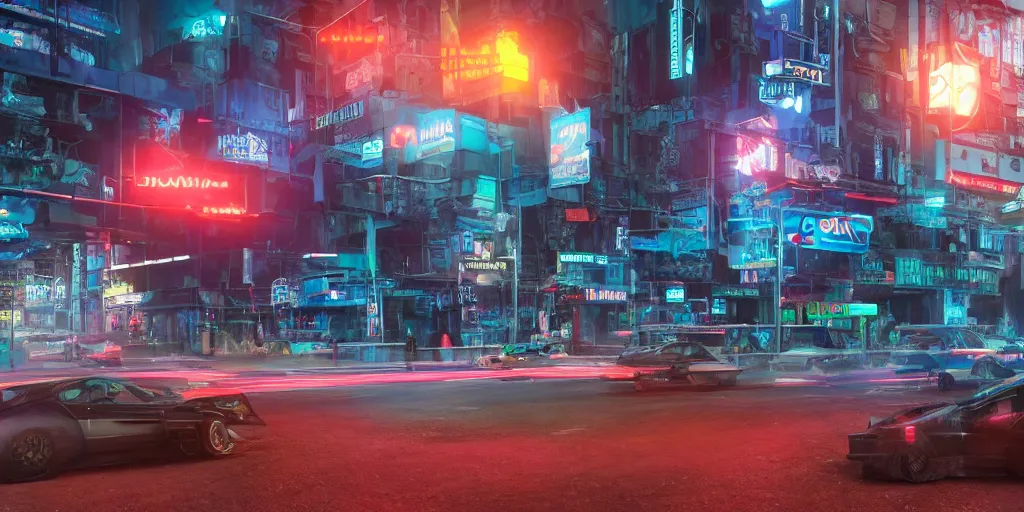 Image similar to a 3 d rendered in unreal engine guatemalan cyberpunk city with neon ads and signs with evocative dramatic mood with blade runner vibe with cars with motion blur with depth of field with bloom with lightshaft with volumetric lights, fog, by scott robertson, oscar winning graphics, photo realistic, bloom, imax, dynamic lighting, artstation,