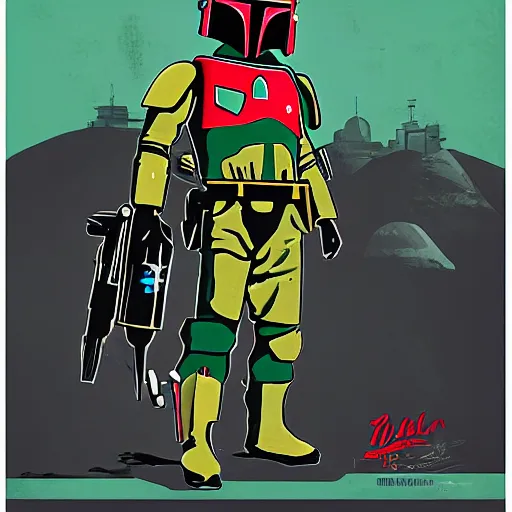 Image similar to Boba Fett in the style of a 1950s propaganda poster