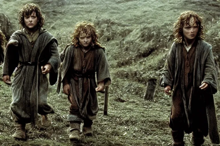 Image similar to movie still from the lord of the rings directed by ridley scott in the style of h. r. giger, two hobbits frodo and samwise walking away from the shire, dark, cinematic