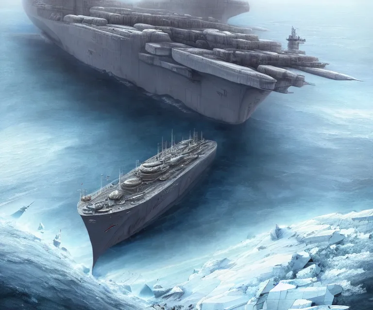 Prompt: one singular solo gray enormous gigantic steel ship - shaped fortress sailing across an icy frozen ocean. masterpiece, cinematic, octane render, depth of field, bokeh, architecture, aerial view, art by tom bagshaw, geof darrow, james gurney, filip hodas