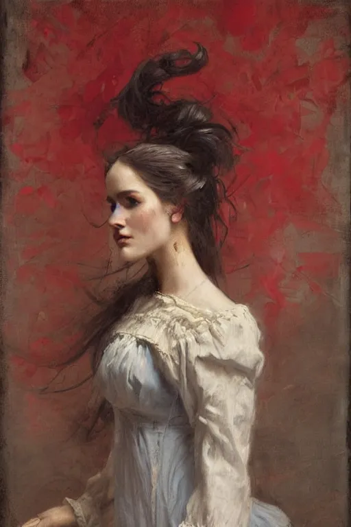 Image similar to no hands. Solomon Joseph Solomon and Richard Schmid and Jeremy Lipking victorian genre painting full length portrait painting of a young beautiful woman traditional german french actress model pirate wench in fantasy costume, red background