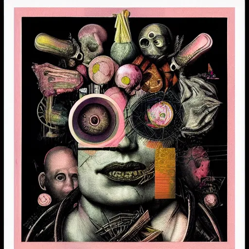 Image similar to post - punk new age album cover, asymmetrical design, frame of a dollar bank notes, capitalism, magic, apocalypse, psychedelic, black white pink, magic, giger h. r., giuseppe arcimboldo