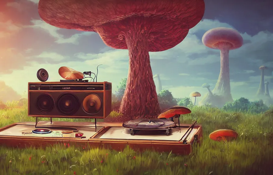 Image similar to A realistic painting of a vintage record player and speakers, with giant psychedelic mushrooms growing out of it, in a post apocalyptic setting, ghibli, unreal 5, DAZ, hyperrealistic, octane render, RPG portrait, dynamic lighting